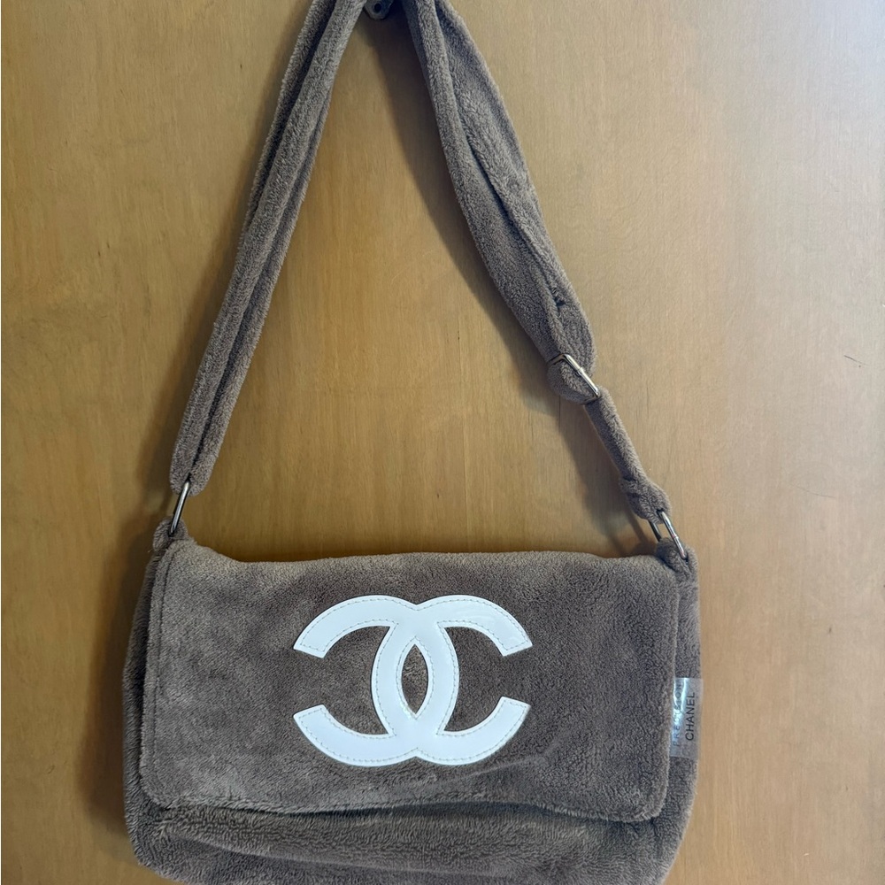 CHANEL Brown Plush Shoulder Bag with White CC Emblem